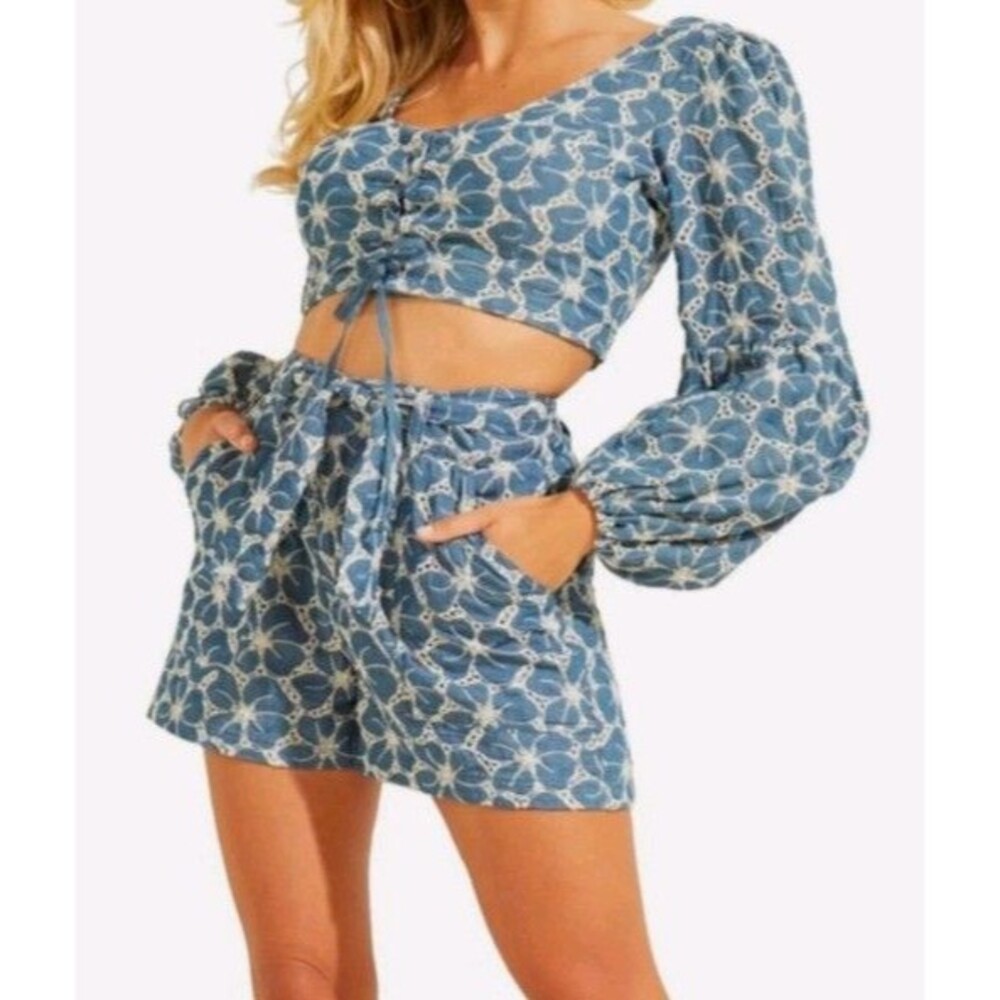 GUESS Women XL Embroidered Chambray Corset Crop Top Shorts 2 Piece Set Blue